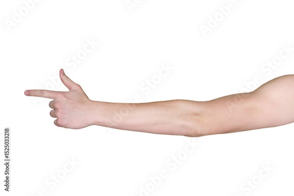 Fototapeta Male hand with index finger pointing to something. Hand to shoulder. PNG isolated on transparent background