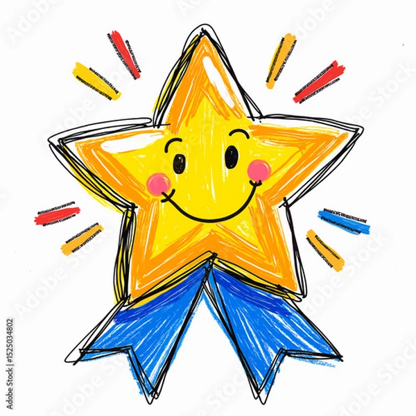 Obraz Smiling star with blue ribbon and colorful rays design concept of naive drawings made by children - nurses and treatment in hospital  