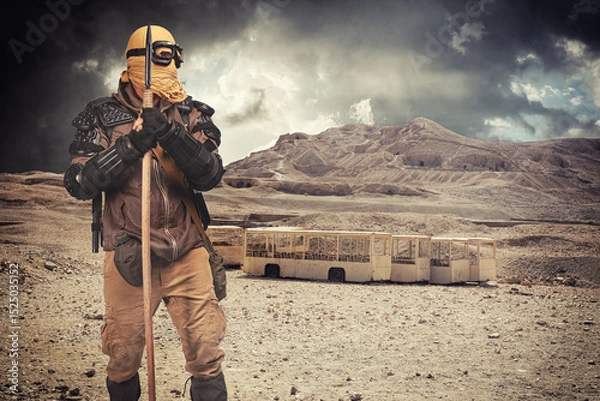 Fototapeta Post apocalyptic warrior in the desert.