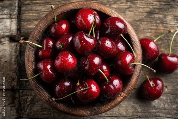 Obraz Fresh red cherries glistening with water droplets in a rustic wooden bowl on a weathered wooden table, showcasing vibrant colors and natural textures for culinary use