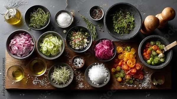 Obraz A spread of fresh ingredients in various bowls, ready for a vibrant and colorful cooking session, captured in high resolution for maximum detail.