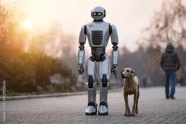 Fototapeta android robot walking a dog in an urban park