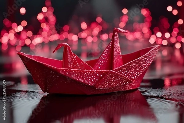 Obraz A striking red origami boat, set against a background of bokeh red lights, symbolizing both artistry and movement.