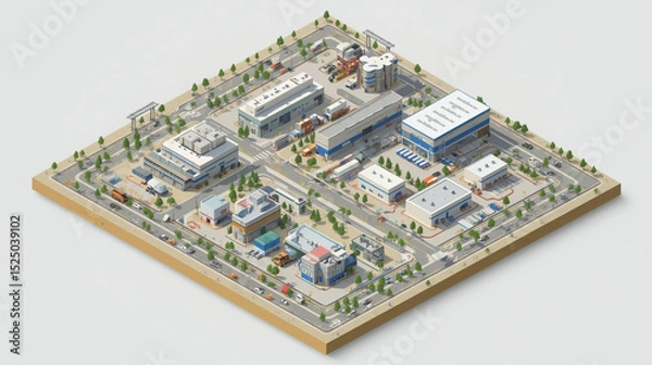 Fototapeta Isometric Layout of Industrial Zone with Roads and Infrastructure