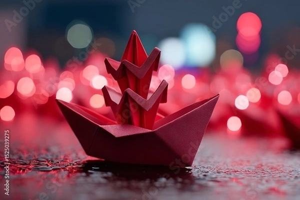 Obraz A striking red origami boat, set against a background of bokeh red lights, symbolizing both artistry and movement.