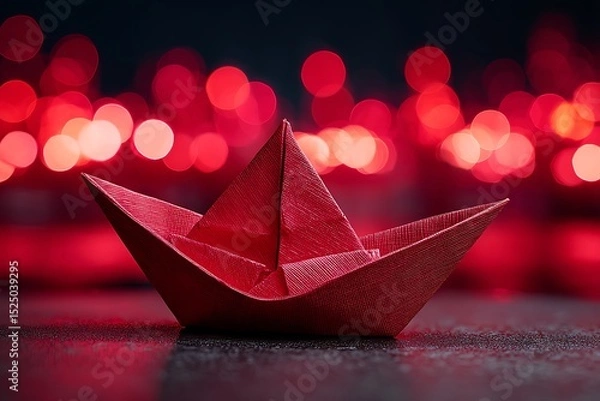 Obraz A striking red origami boat, set against a background of bokeh red lights, symbolizing both artistry and movement.
