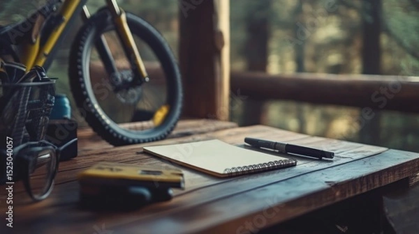 Fototapeta Outdoor Workspace with Bicycle Parts and a Notebook