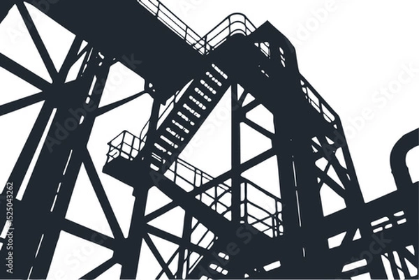 Fototapeta Silhouette of a complex industrial plant, refinery or factory. Upward view of pipes, stairs, and steel framework. Monochrome vector illustration.