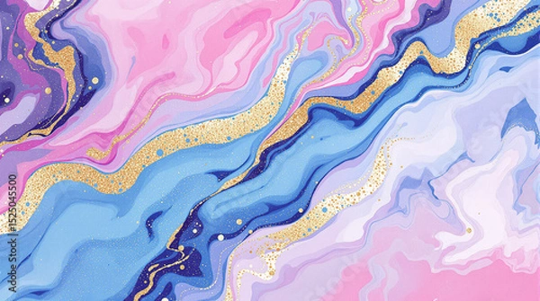 Obraz Abstract Fluid Art: Swirls of pastel pink, blue, and purple create a mesmerizing abstract artwork, accented with shimmering gold details. The fluid design evokes a sense of serenity and movement.