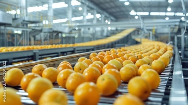 Obraz 3d visualization of automated conveyor line in fruit processing and manufacturing facility