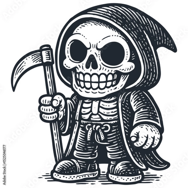 Fototapeta Cute cartoon Grim Reaper with a big skull face, hooded robe, and scythe. Monochrome vector art. Adorable spooky character for Halloween or fun designs.