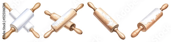 Fototapeta Watercolor Rolling Pin for Baking with Flour PNG set Transparent background