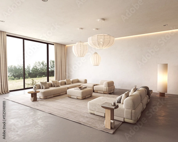 Fototapeta Minimalist neutral living room with large windows and modern sofas