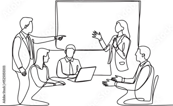 Fototapeta continuous single line drawing of a business meeting with six people, laptop, and whiteboard in a modern office scene
