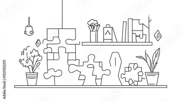 Fototapeta Simple line drawing of a modern workspace
