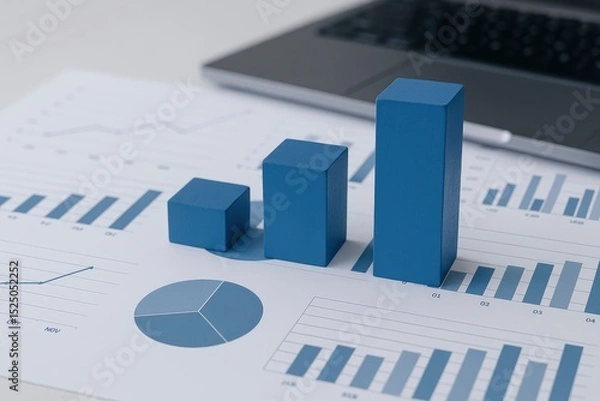 Fototapeta Financial Analysis and Business Data Visualization with Three-Dimensional Blue Bar Graph on a White Paper Report with Charts and a Laptop in the Background