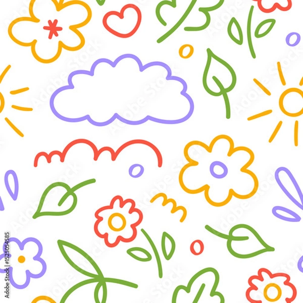 Fototapeta Seamless pattern of cute kids elements. Hand drawn fun childish print. Vector line illustration	