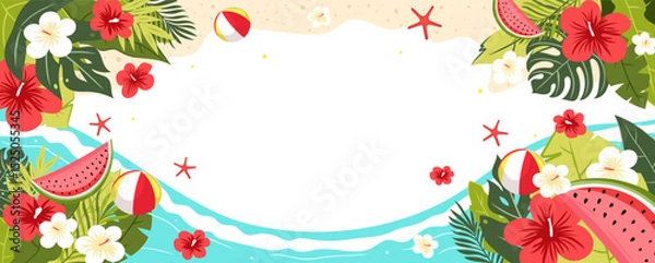 Fototapeta Horizontal summer sale banner with tropical flowers, leaves, watermelon, beach ball, and ocean. Bright vector template for promotion, advertising, or social media