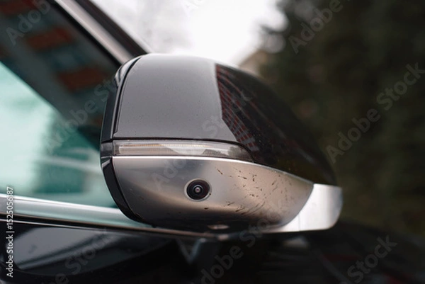 Fototapeta Car side mirror with integrated camera closeup, cam for driver safety and visibility. Car side view camera system integrated into rearview mirror, blind spot detection, 360 visibility.