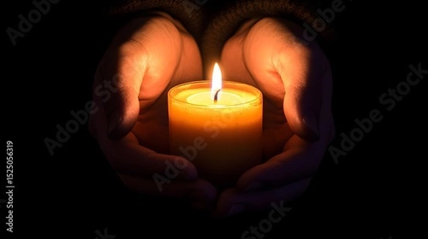 Obraz A person holding a lighted candle in a dark room with the light illuminating their face softly
