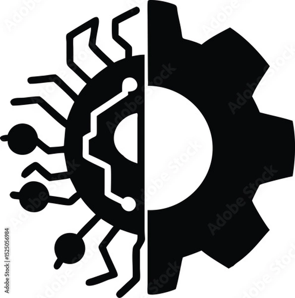 Fototapeta Split Half Gear Mechanical, Half Circuit Board Technology Concept Design Black and White