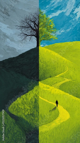 Obraz Split image showing contrasting landscapes: dark, leafless tree on a grey hill, and lush green hill with a leafy tree and person walking a path, symbolizing life choices and transitions