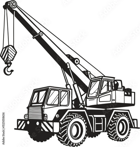 Obraz A detailed black and white illustration of a large mobile crane with extended boom and dangling hook, showcasing industrial engineering precision