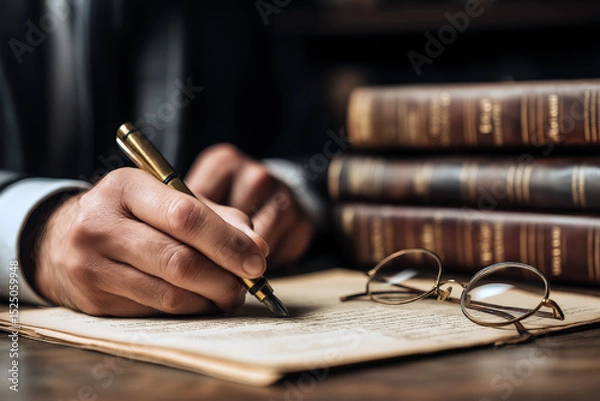 Obraz Close-up of hands writing legal notes with law code books and eyeglasses on the desk, shallow depth of field.