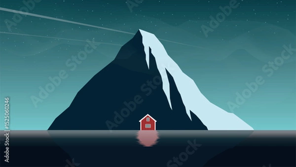 Fototapeta Minimalist digital illustration of a small red cabin by a large snow-capped mountain, reflected in calm water under a starry night sky