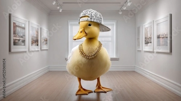 Fototapeta Cute yellow duck dressed in street style explores pictures inside a minimal white art gallery. 