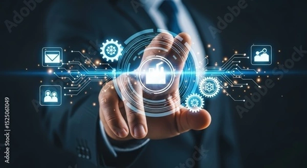 Fototapeta Businessman Interacting with Futuristic Smart Factory Automation Technology Interface