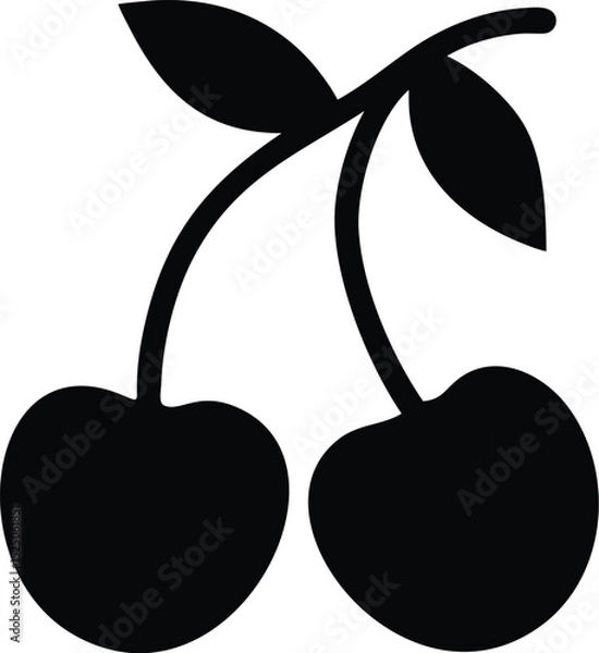 Fototapeta Two Black Cherries with Stems and Leaves Silhouette Isolated on White Background