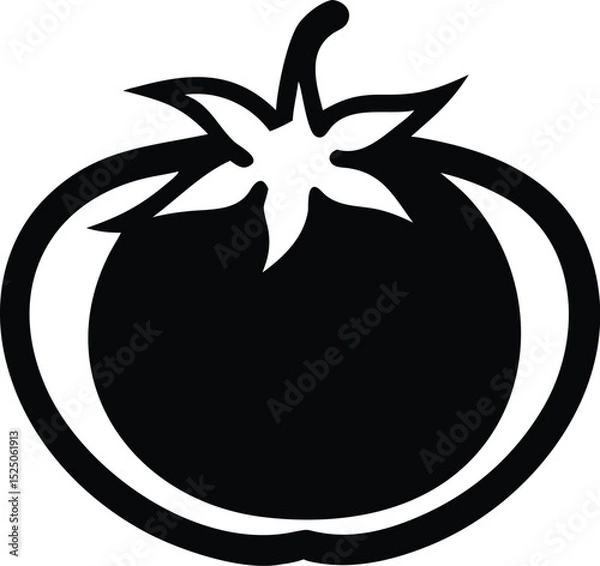 Fototapeta Black and White Illustration of a Ripe Tomato with Leaves and Stem Design