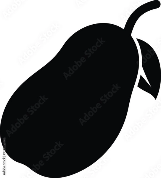 Fototapeta Silhouette of a Ripe Mango with Stem and Leaf on a White Background