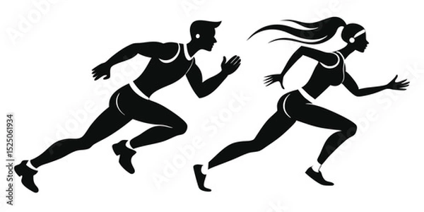 Fototapeta Silhouette Illustration of a Man and Woman Running in Athletic Wear on White