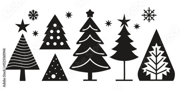 Fototapeta Black and White Christmas Trees with Stars and Snowflakes Silhouettes Illustration on White Background