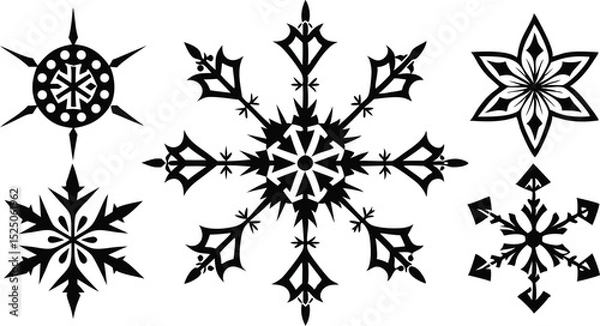 Fototapeta Black and White Featuring Five Distinct Snowflake Designs on a White Background
