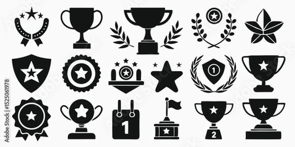 Fototapeta Collection of Black Silhouette Award Icons Trophies, Stars, Shields, Ribbons, and Wreaths on a White Background