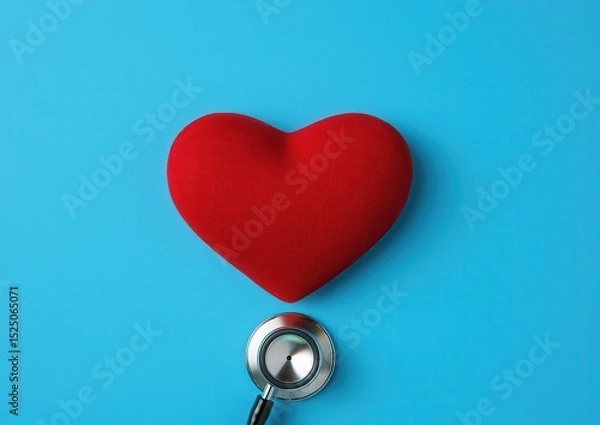 Fototapeta A red heart and a stethoscope on a bright blue background symbolize heart health and medical care.