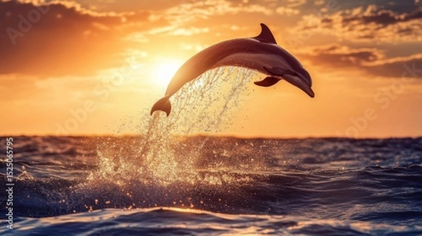 Fototapeta Dolphin arching gracefully in the air over a sparkling ocean with sunlight catching the splashes around it