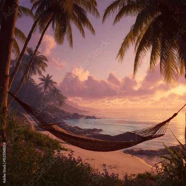 Fototapeta Relaxing Hammock on Tropical Beach at Sunset