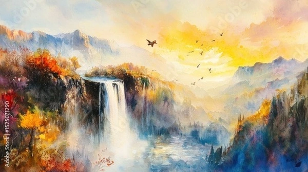 Obraz A vibrant watercolor landscape showing a waterfall, autumn trees, mountains, and birds flying at sunrise.