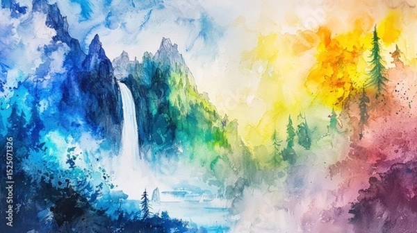 Fototapeta Vibrant watercolor painting of a mountain landscape with a waterfall, forest, and colorful sky blending blues, yellows, and reds.