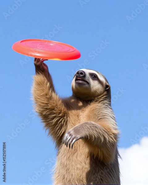 Fototapeta Funny sloth standing upright while tossing a red frisbee against a clear blue sky.