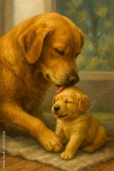 Obraz A tender moment between a Golden Retriever mother and her puppy.