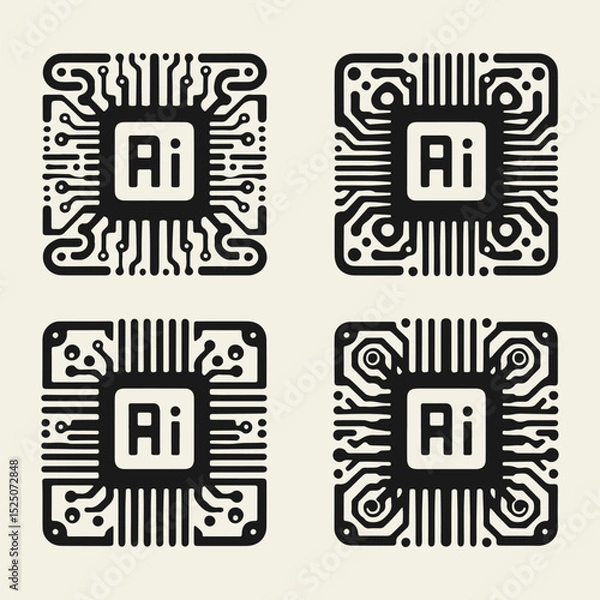 Obraz Flat black and white vector illustration of a processor chip with "AI" label and circuit lines. Great for technology, machine learning, and artificial intelligence themes.