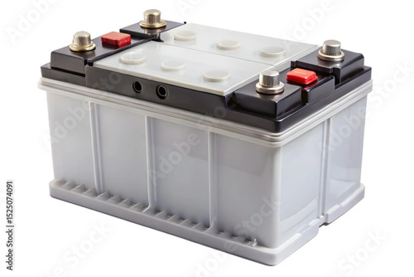 Fototapeta A high-quality image of a modern car battery with clearly visible terminals and safety features isolated on white background PNG AI