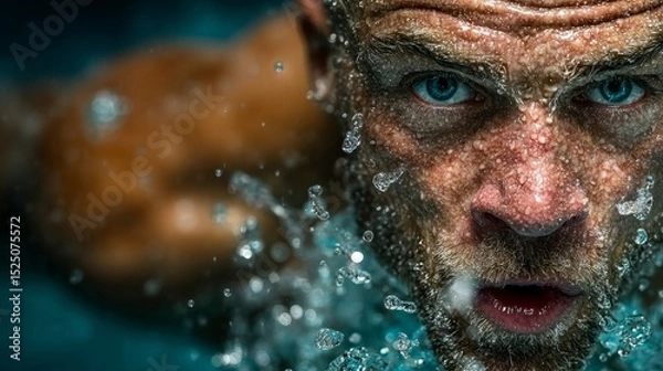Fototapeta Closeup of a Mans Face Emerging from Water with Water Droplets