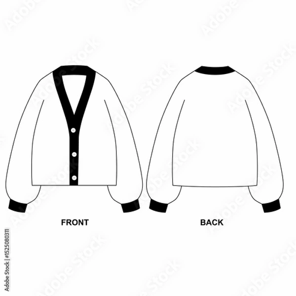 Fototapeta Three button voluminous cardigan template, front and back view. Sketch of basic cardigan with V shaped neckline on chest.