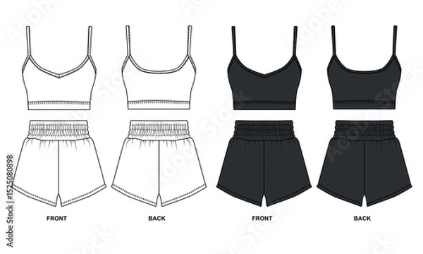 Fototapeta Set of vector drawings of sports uniforms, black and white colors. Sketch of clothing for home, sleep bodice and shorts, front and back view. Vector template of shorts and bra for fitness, run